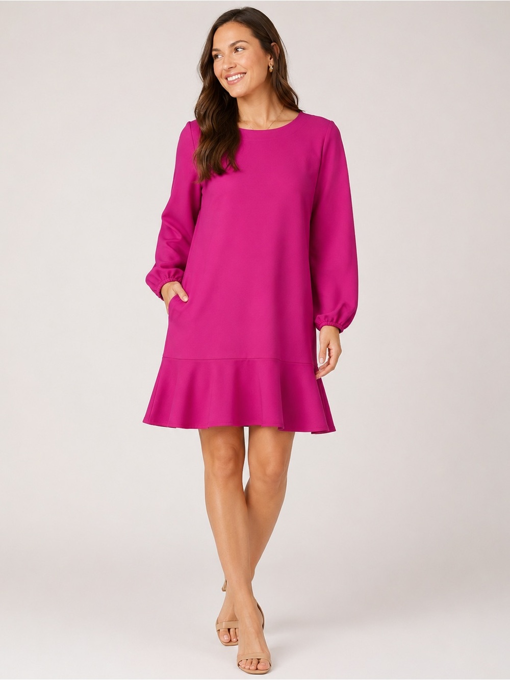 JUDE CONNALLY Sadie Dress L Magenta Pink Ruffle Hem Long Sleeve NWT